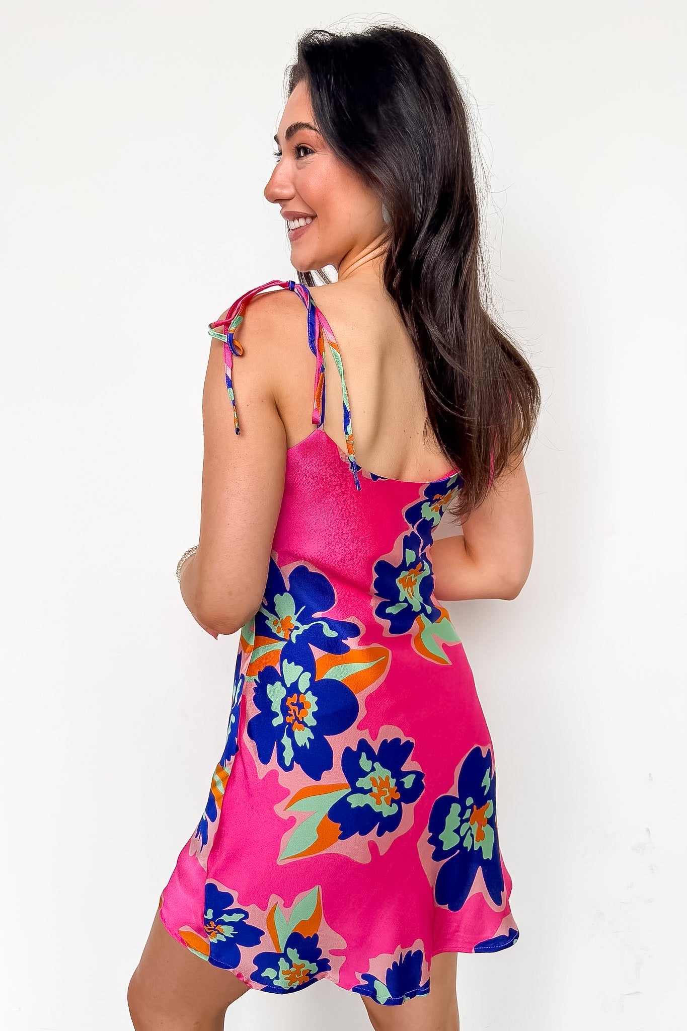 Bright Blooms Satin Cowl Neck Floral Dress