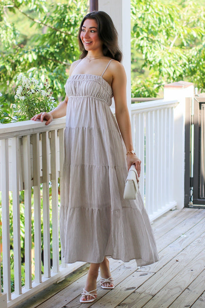 The Tiered Lines Shirred Maxi Dress